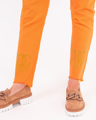 Damenhose aus orangefarbenem Stoff mit Zirkonia - Kleidung