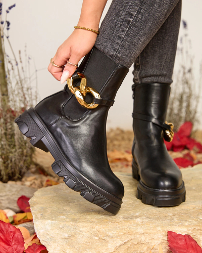 OUTLET Royalfashion Schwarze hohe Damenstiefel mit Goldverzierung Glamorous Golden