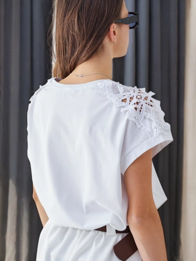 Royalfashion Damen Baumwoll-T-Shirt mit Spitzenärmeln