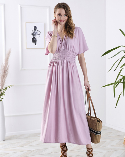 Rosa langes Damenkleid mit Umschlagausschnitt - Kleidung