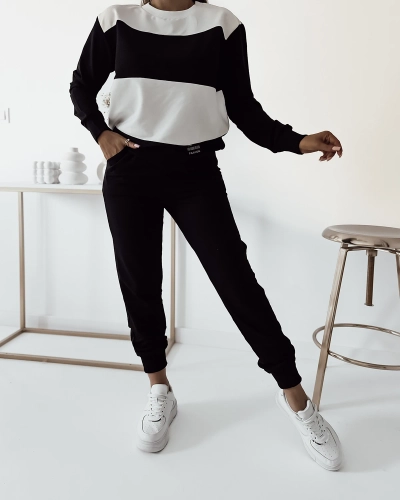 Royalfashion Schwarzes gestreiftes Damen-Sweatshirt-Set