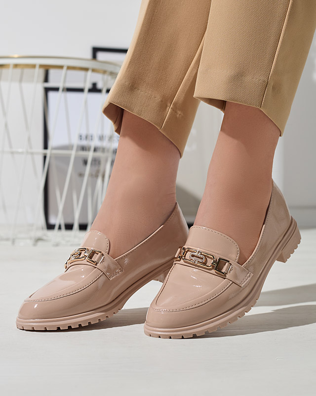 Lackierte Damenmokassins mit Ornament in Beige Horiff- Footwear