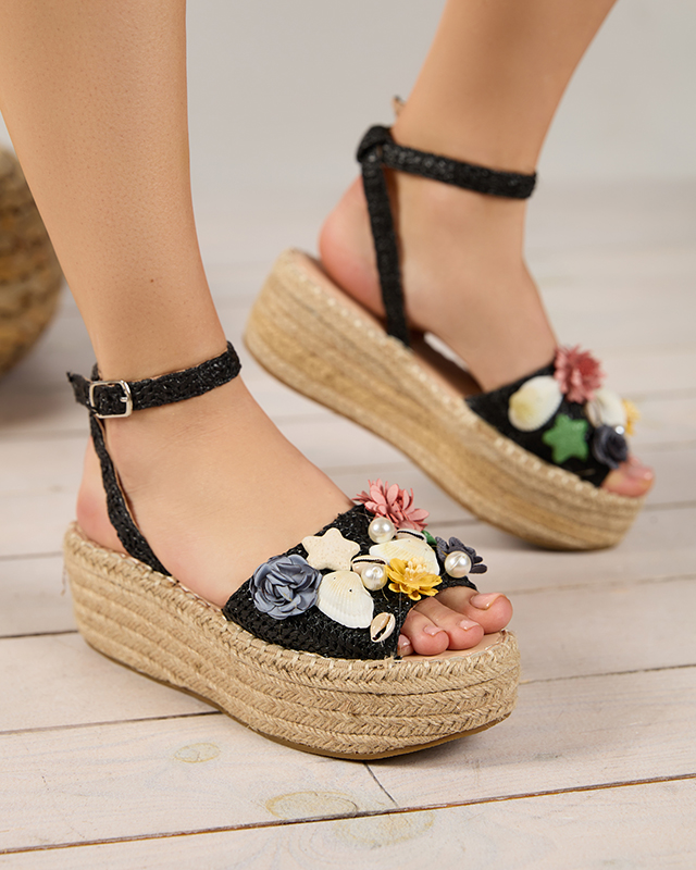 Schwarze Damensandalen a'la Espadrilles mit dekorativem Obermaterial Soramis - Footwear