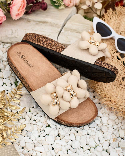 Royalfashion Damen Flip-Flops mit goldenen Teddybären und Blumen Isaralle