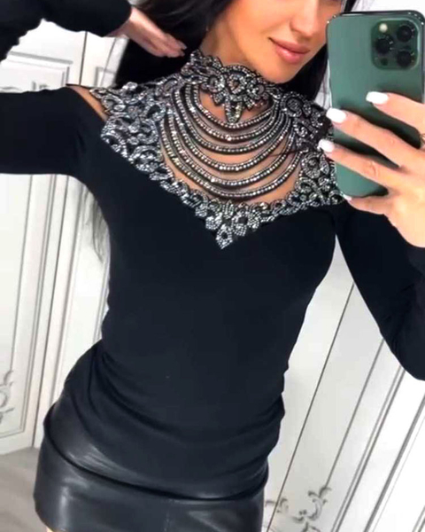 Royalfashion Damen-Halbgolf-Bluse mit Zirkonen