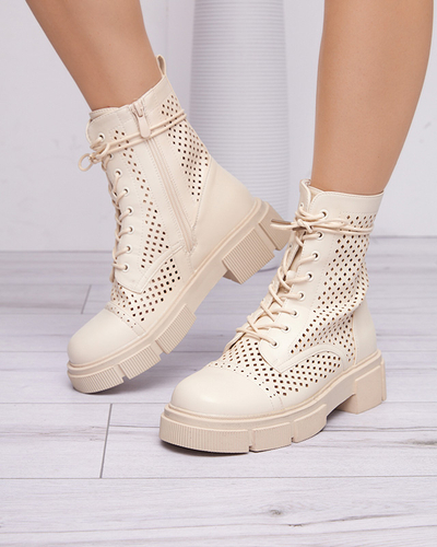 Beige Damenstiefel mit Lochmuster und flachem Absatz Rolika - Footwear