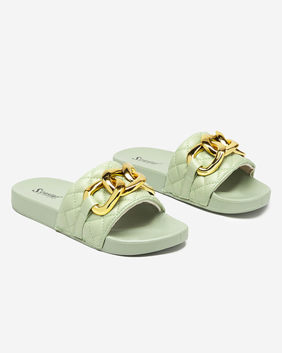 Grüne gesteppte Damenhausschuhe mit goldener Kette Eteris - Schuhe