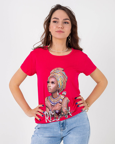 Fuchsiafarbenes Damen-T-Shirt mit buntem Aufdruck und Pailletten - Kleidung