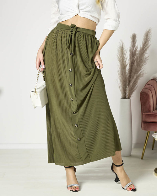 Темно-зелена жіноча плісирована спідниця максі на ґудзиках - Одяг