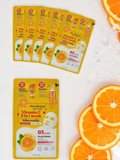 3-in-1 Maske – 1 Reinigung des Gesichts, 2 Serum, 3 aufhellende Maske mit Vitamin C