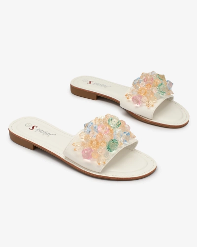 Royalfashion Weiße Damen Flip-Flops mit bunten Kristallen Bling Breeze