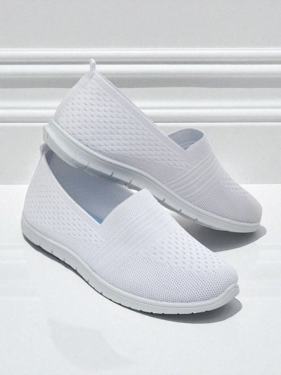 Weiße Damen-Ballerinas Ariadne aus atmungsaktivem Stoff mit flacher Sohle