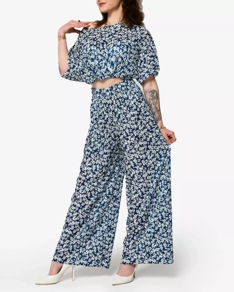 Marineblaues Plissee-Set für Damen mit schwarzen Blumen - Kleidung