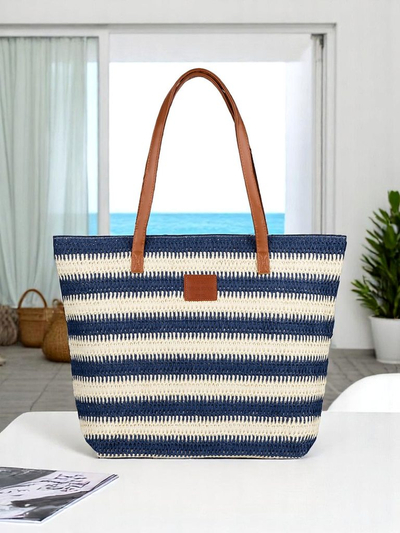 Royalfashion Große Strohtasche für Damen, Strohtasche mit Streifen