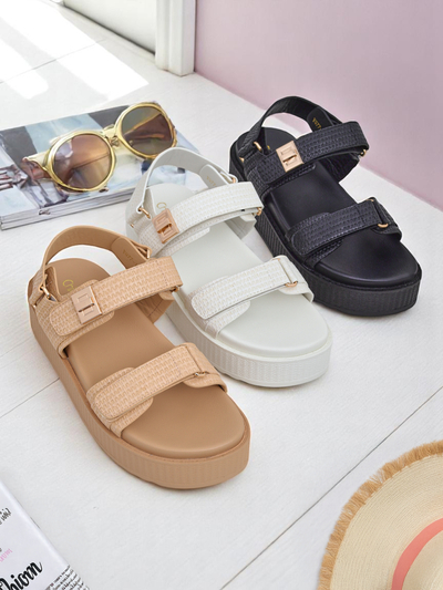 Royalfashion Kallisto – Weiße Damen Sandalen mit Plateau, Öko-Leder