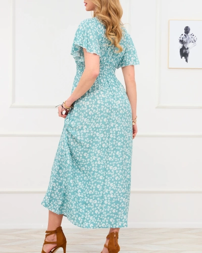 Langes grünes Damenkleid mit Blumenmotiv - Kleidung