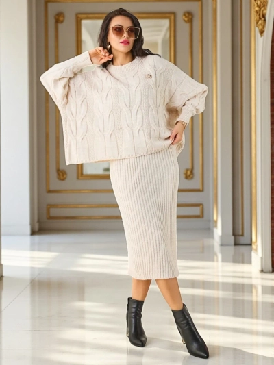 Royalfashion Acryl geflochtenes Damen-Set mit Pullover und Rock Warm & Flauschig