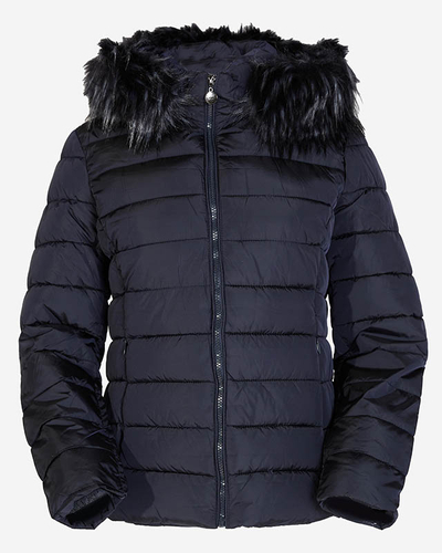 Marineblaue Damen-Steppjacke mit Kapuze und Pelz- Kleidung