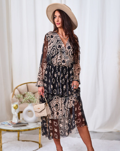 Royalfashion Schwarz-beiges Midikleid aus Mesh mit Print