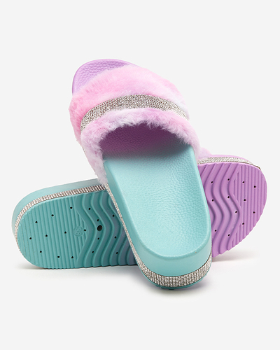 Violett-Mint Damenhausschuhe mit Fell und Zirkonia Zerika - Footwear