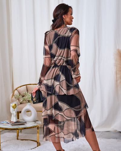 Royalfashion Schwarzes und hellbraunes Midikleid aus Mesh mit Print