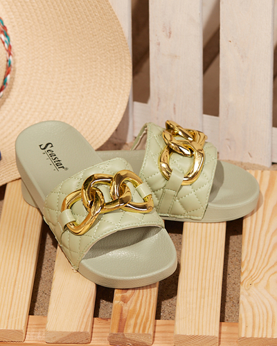 Grüne gesteppte Damenhausschuhe mit goldener Kette Eteris - Schuhe