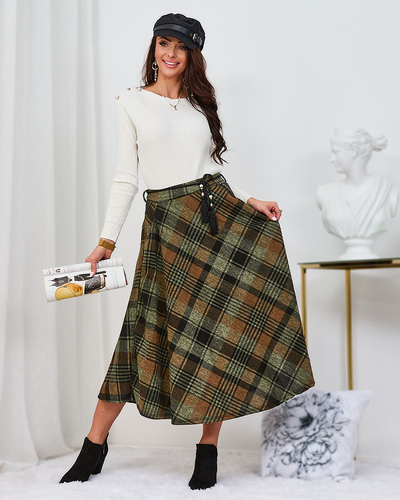Royalfashion Hellbrauner und grüner karierter Damen-Midirock