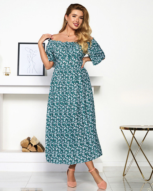 Зелено-біла сукня максі з квітковим візерунком - Одяг