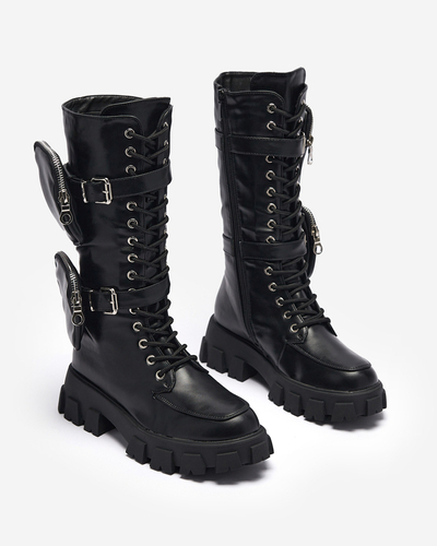 Schwarze Arbeitsstiefel mit Zierbeuteln am Schaft Sello- Footwear