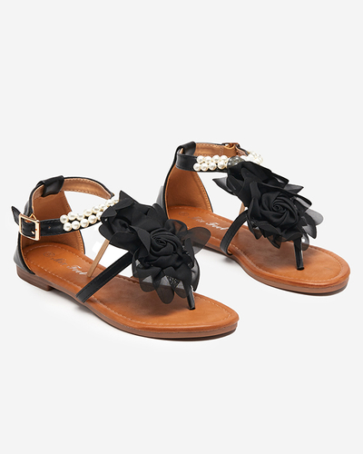 OUTLET Schwarze Damensandalen mit Perlen und Stoffblume Amerile - Schuhe