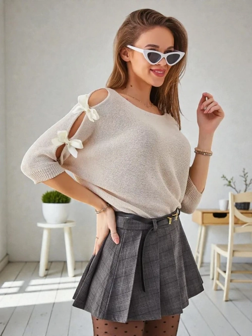 Sweter Damski Flora Beżowy z Tkaniny Elegancki na Wiosnę