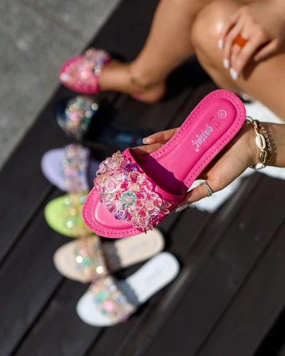 Royalfashion Fuchsia Damen Flip-Flops mit bunten Kristallen Bling Breeze