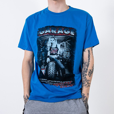 Blaues Baumwoll-T-Shirt für Herren, verziert mit dem Aufdruck und der Aufschrift - Kleidung