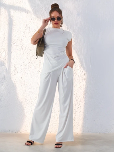Royalfashion Damen-Ripp-Set, mit asymmetrischem ärmellosem Oberteil und ausgestellten Hosen