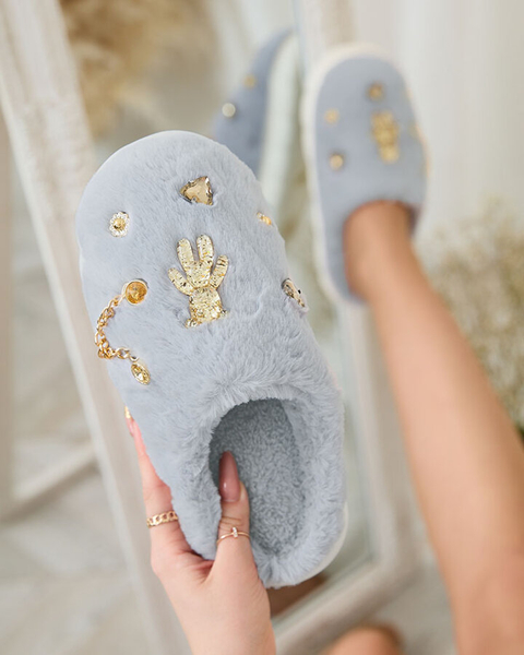 Royalfashion Blaue Damenpelzpantoffeln mit Ornamenten Erserra