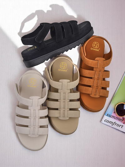 Sandaly Royalfashion - Caligae Beige Wildleder auf Plateau - Ideal für Sommer und Frühling