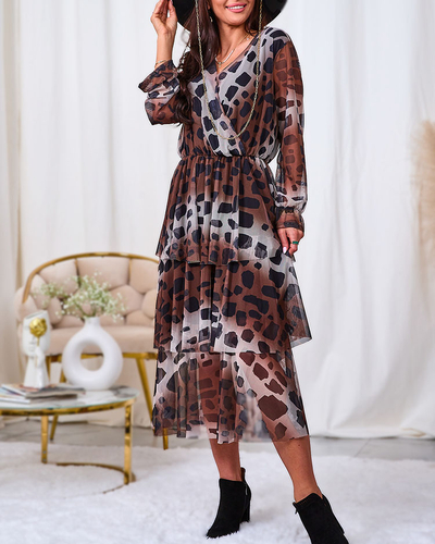 Royalfashion Schwarzes und braunes Midikleid aus Mesh mit Print