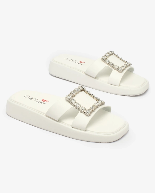 Royalfashion Білі жіночі шльопанці з кристалами Telika