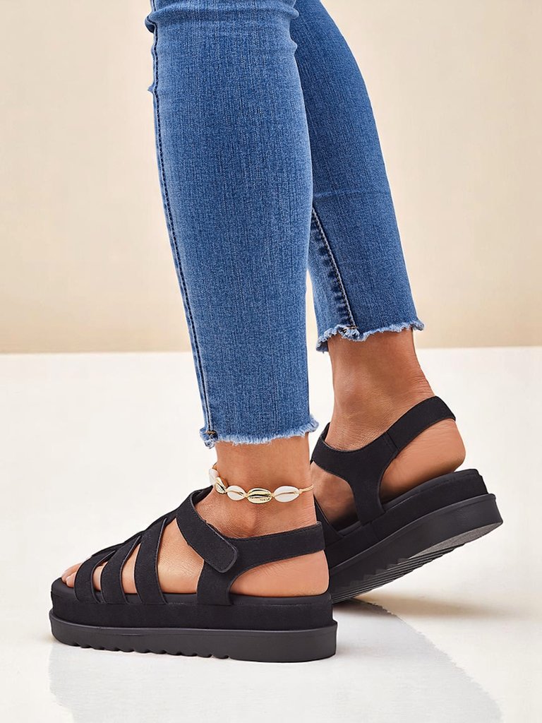 Damen Sandalen Heraclea Royalfashion auf Plateau schwarz aus Öko-Leder