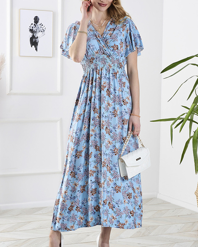 Blaues langes Kleid mit Blumenmuster - Kleidung