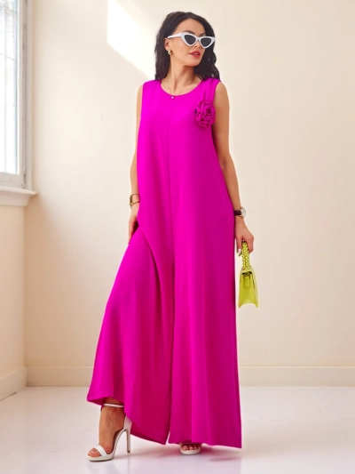 Fuchsiafarbener Artemisia-Jumpsuit aus Viskose mit Spaghettiträgern und Verzierung