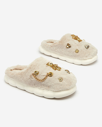 Royalfashion Beige Damenpelzpantoffeln mit Ornamenten Erserra