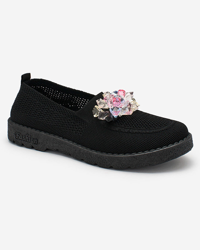 Royalfashion Schwarze Damen Stoffmokassins mit Kristallen Fezens
