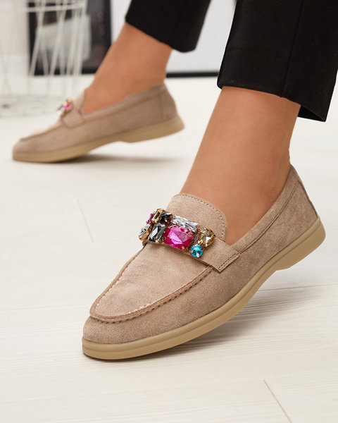 Eco Wildleder hellbraun Damen Mokassins mit dekorativen Kristallen Nellens- Footwear