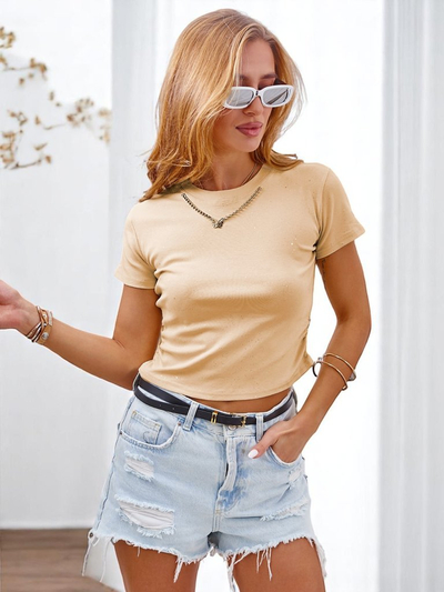 Royalfashion Damen Baumwoll-T-Shirt mit seitlicher Raffung, einer Kette und Glitzer