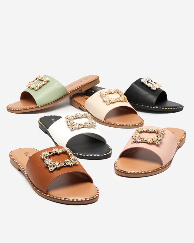 OUTLET Grüne elegante Damenhausschuhe mit goldener Verzierung Meriso - Footwear