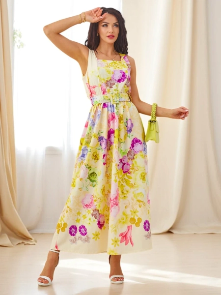 Royalfashion Damen Viskose Midi-Kleid mit Trägern, versehen mit einem Gürtel in verschiedenen Blumenprints