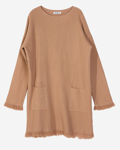 Hellbrauner Damen-Tunika-Pullover mit Fransen - Kleidung