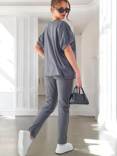 Royalfashion Damen Baumwollset mit kurzen Ärmeln und geraden Hosen