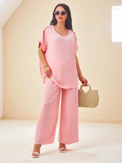 Royalfashion Damen Baumwoll-Set mit kurzen Ärmeln und weiten Hosen